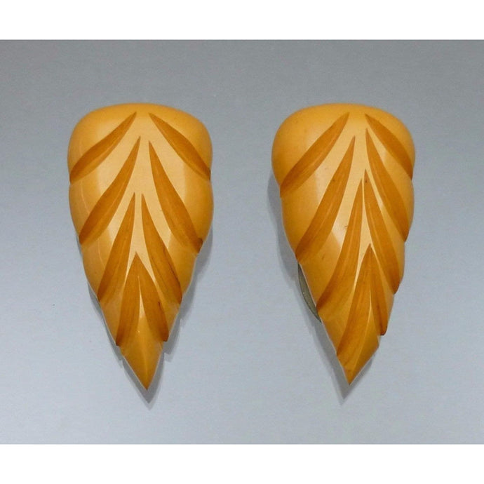 Pair of Vintage Dress Clips - Butterscotch Bakelite, Carved Leaves