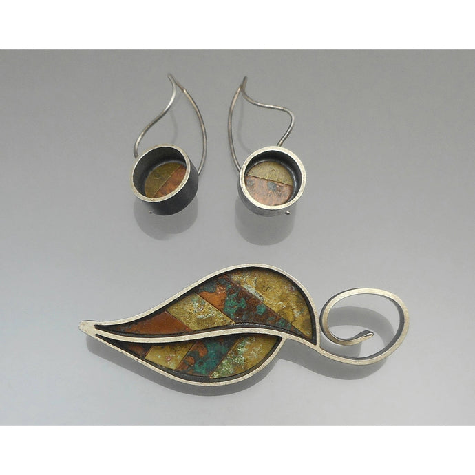 Vintage Kinzig Design Handmade Mosaic Leaf Brooch Pin and Earrings Set - Sterling Silver, Brass and Copper -  USA Artisan Hand Crafted