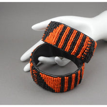 Load image into Gallery viewer, Pair of Vintage Zulu African Maasai Beaded Bracelets - Orange and Black Glass Seed Bead Stacking Bangles - Handmade Ethnic, Tribal, Jewelry