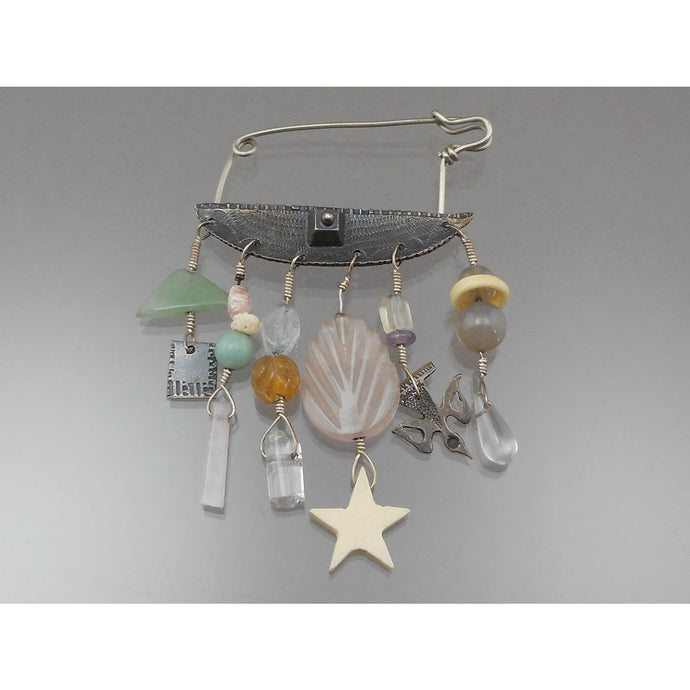 Vintage Handmade Linda Kaye Moses Brooch with Assorted Charms - Signed LKM - US Artisan Crafted Mixed Materials Pin - Circa 1980, Southwestern Style - Sterling Silver, Glass, Stone, Shell and Wood Charms