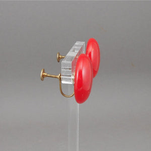 Vintage 1930s / 1940s Bakelite Earrings - Cherry Red Marble - Button Style with Screw Backs - Early Plastic Estate Costume Jewelry
