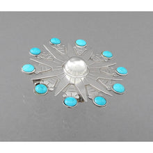 Load image into Gallery viewer, Vintage Taxco Mexican Artisan Brooch (was) / Pendant - Sterling Silver and Turquoise Pin - Sun Design - Hand Made, Signed with Eagle and MMC Marks