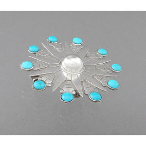 Vintage Taxco Mexican Artisan Brooch (was) / Pendant - Sterling Silver and Turquoise Pin - Sun Design - Hand Made, Signed with Eagle and MMC Marks