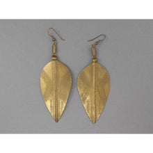 Load image into Gallery viewer, Vintage Kenyan African Brass Leaf Earrings - Large Dangle on French Wires - Engraved Decoration - Old Handmade Ethnic, Tribal, Jewelry