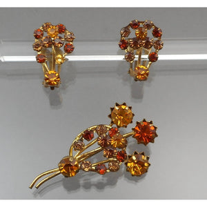 Vintage 1950s Jewelry Set - Austrian Crystals or Rhinestones - Flower Bouquet Design Clip On Earrings and Brooch Pin - Faux Topaz, Gold Tone - Mid Century Estate Collection