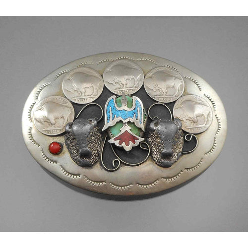 Vtg Navajo Native American * Belt Buckle Silver Buffalo Nickels Turquoise Eagle