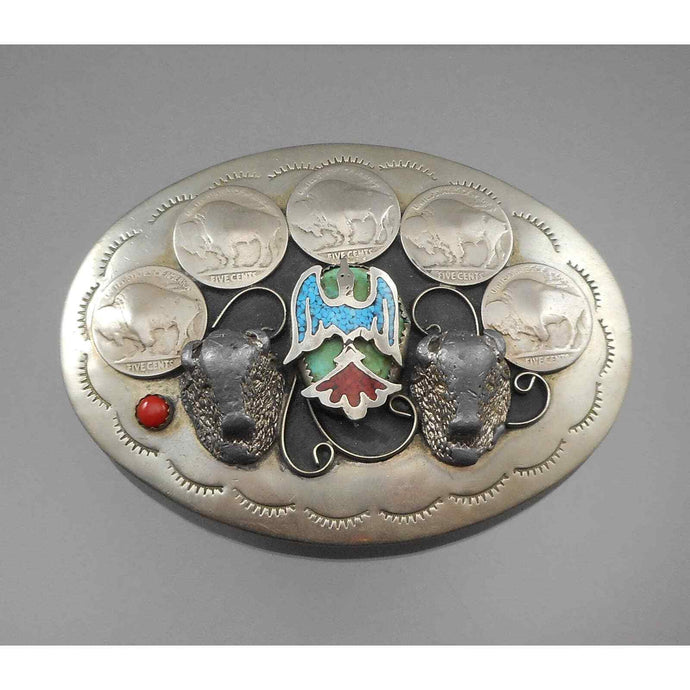 Vtg Navajo Native American * Belt Buckle Silver Buffalo Nickels Turquoise Eagle