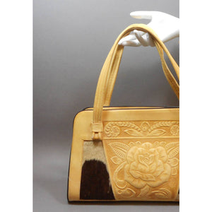 Vintage 1970s Mexican Handbag - Hand Tooled Leather, Cow Hide, Mayan Calendar and Flower Designs - Large Top Handle Purse - Pale Yellow and Brown