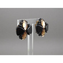 Load image into Gallery viewer, Vintage 1950s Clip On Earrings Black Champagne Plastic Rhinestone Bead Clusters