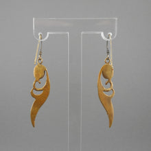 Load image into Gallery viewer, Vintage Handmade Mother of Pearl Bronze Feather Design Dangle Earrings - Gold, Silver and MOP, Artisan Crafted