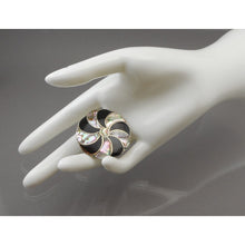 Load image into Gallery viewer, Vintage Mexican Artisan Abalone Brooch / Pendant - Alpaca Silver (Alloy), Inlaid Shell, Black Enamel Pin - Pinwheel, Flower Design - Hand Made in Mexico