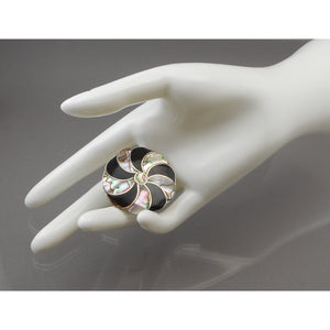 Vintage Mexican Artisan Abalone Brooch / Pendant - Alpaca Silver (Alloy), Inlaid Shell, Black Enamel Pin - Pinwheel, Flower Design - Hand Made in Mexico