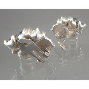 Vintage Marvella Clip Earrings AB Glass Bead Black Lucite Rhinestone Silver Tone