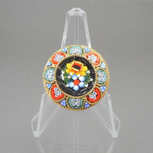 Load image into Gallery viewer, Vintage Italian Glass Micro Mosaic Brooch Pin Gold Tone Black w Flowers Italy
