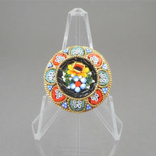 Load image into Gallery viewer, Vintage Italian Glass Micro Mosaic Brooch Pin Gold Tone Black w Flowers Italy