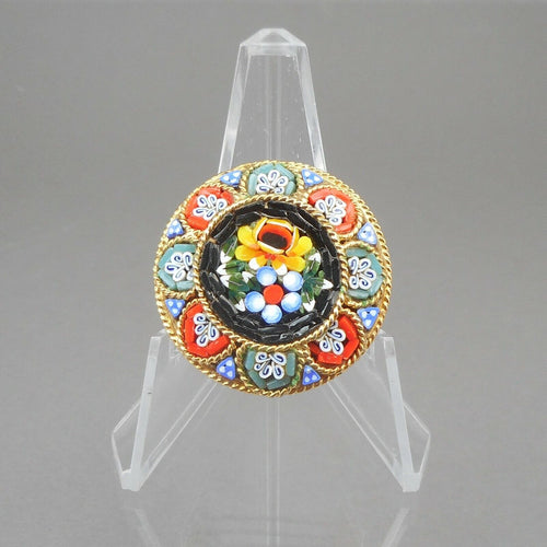Vintage Italian Glass Micro Mosaic Brooch Pin Gold Tone Black w Flowers Italy