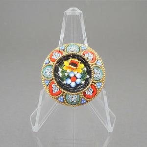 Vintage Italian Glass Micro Mosaic Brooch Pin Gold Tone Black w Flowers Italy