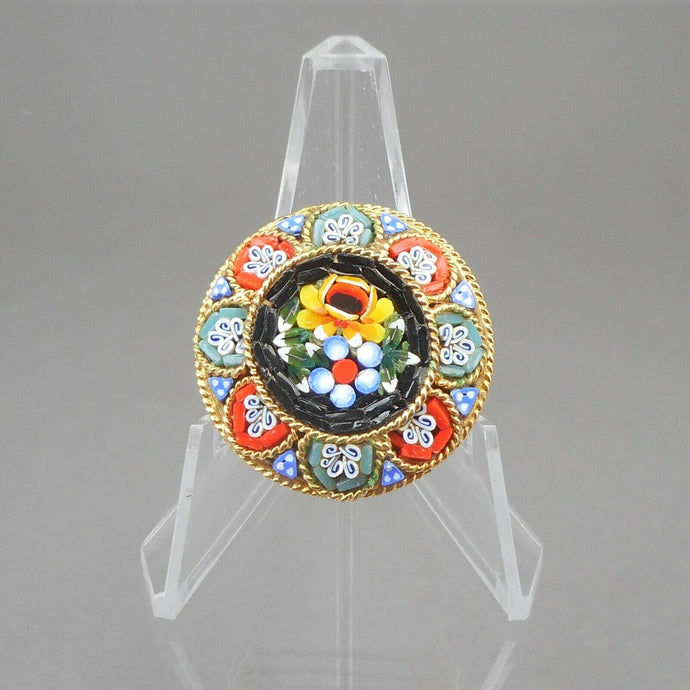 Vintage Italian Glass Micro Mosaic Brooch Pin Gold Tone Black w Flowers Italy