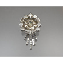Load image into Gallery viewer, Large Vintage 1950s Rhinestone Dangle Brooch / Pendant - Flower Pin with Chain Fringe - Silver Tone, Clear Round and Marquise Stones
