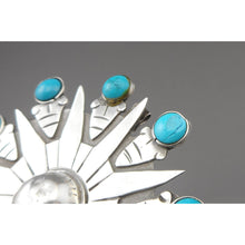 Load image into Gallery viewer, Vintage Taxco Mexican Artisan Brooch (was) / Pendant - Sterling Silver and Turquoise Pin - Sun Design - Hand Made, Signed with Eagle and MMC Marks