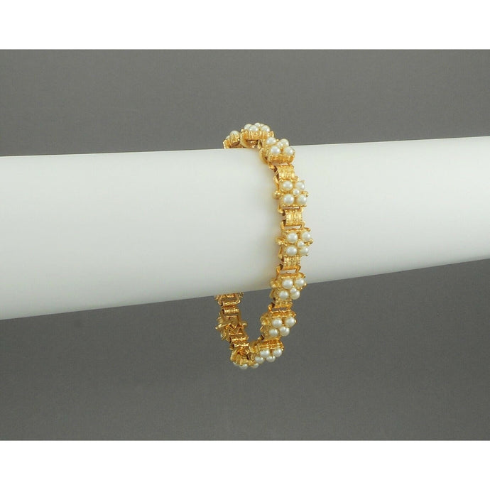Vintage Victorian Style Gold Tone and Faux Pearl Patterned Link Bracelet