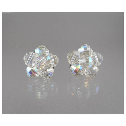 Vintage 1950s Signed Laguna Iridescent Clear Glass Cluster Clip On Earrings - AB Aurora Borealis Crystal Beads on Silver Filigree - Flower Design
