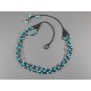Vintage Handmade Beaded Macrame Necklace - Turquoise Gemstone Beads and Nuggets on Black Waxed Cord - Adjustable Length