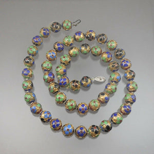 Vintage Cloisonne Enamel Chinese Bead Matinee Length Necklace Gold Green Blue Red Flower