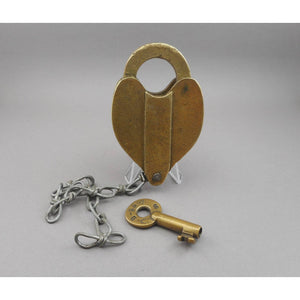 Antique Belt RY Railway Railroad Padlock with P&R A W Hollow Barrel Key Working Brass Heart Shape Lock