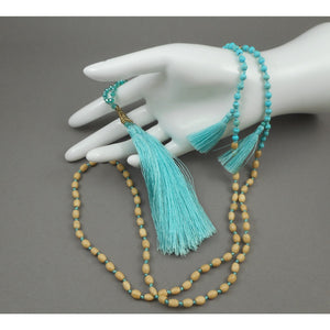 Vintage Amulet Style Fashion Necklace - Tassels and Chinese Coin Replicas - Turquoise, Wood and Glass Beads - Aqua, Blue, Green, Tan, Bronze, Gold