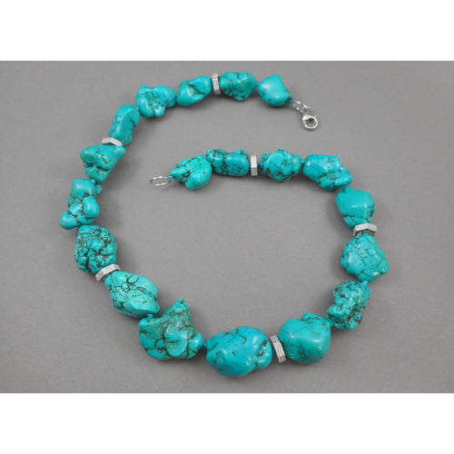 Vintage Handmade Turquoise Nugget Bead Necklace with Silver Crystal Accents