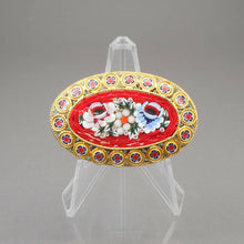Load image into Gallery viewer, Vintage Italian Glass Micro Mosaic Brooch Pin Gold Tone Red w Flowers Italy