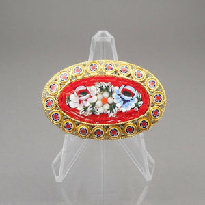 Vintage Italian * Glass Micro Mosaic Brooch Pin Gold Tone Red w Flowers Italy *