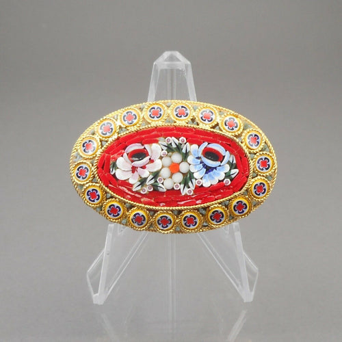 Vintage Italian * Glass Micro Mosaic Brooch Pin Gold Tone Red w Flowers Italy *