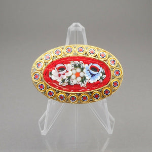 Vintage Italian * Glass Micro Mosaic Brooch Pin Gold Tone Red w Flowers Italy *