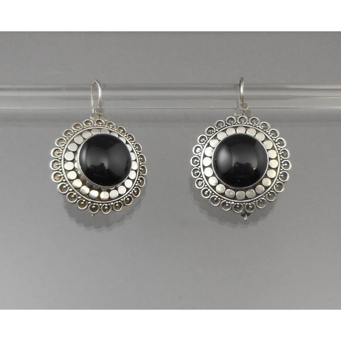 Vintage Artisan Onyx Dangle Earrings - Sterling Silver with Black Stone Cabochons - Bali Dot Design with French Wires - Hand Made, Marked 925