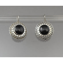 Load image into Gallery viewer, Vintage Artisan Onyx Dangle Earrings - Sterling Silver with Black Stone Cabochons - Bali Dot Design with French Wires - Hand Made, Marked 925