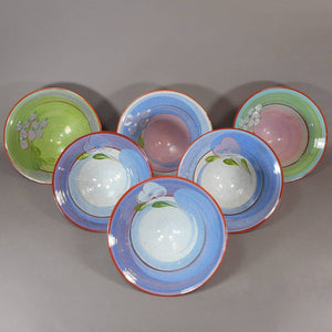 Arne Ase Ceramic Bowls, Set of 6 - Blue Green Pink Glaze, Terra Cotta Color Pottery - Norwegian Artist, Signed ASE