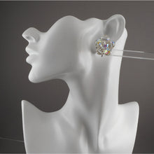 Load image into Gallery viewer, Excellent Vintage 1950s Signed Laguna Iridescent Clear Glass Cluster Clip On Earrings - AB Aurora Borealis Crystal Beads on Silver Filigree - Flower Design