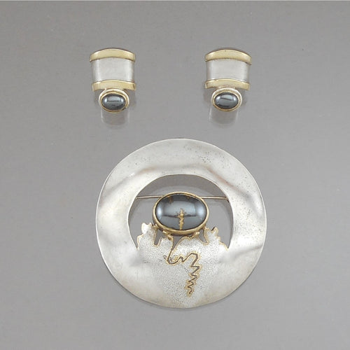 Vintage Artisan Crafted Jewelry Set - Brooch / Pendant and Earrings - Hand Made, Hematite, Sterling Silver and Gold Pin