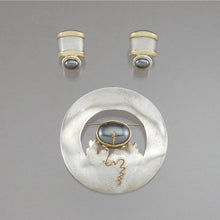 Load image into Gallery viewer, Vintage Artisan Crafted Hematite Sterling Silver Jewelry Set - Southwestern Style Brooch / Pendant and Earrings - Hand Made, Hematite, Sterling Silver and Gold Pin
