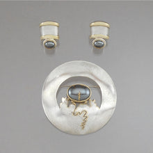 Load image into Gallery viewer, Vintage Artisan Crafted Hematite Sterling Silver Jewelry Set - Southwestern Style Brooch / Pendant and Earrings - Hand Made, Hematite, Sterling Silver and Gold Pin