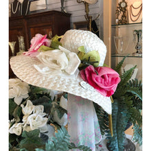 Load image into Gallery viewer, Vintage Frederick&#39;s Ladies White Straw Picture Hat - Easter, Spring, Summer, Kentucky Derby - Pink Yellow Silk and Velvet Flowers, Green Ribbon