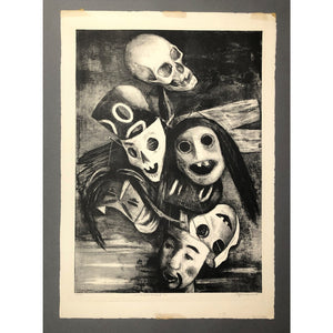 Benton Spruance Original Print - Memorial, 1949 - Lithograph, Signed, Limited Edition of 35 - Skulls and Masks, Death Theme