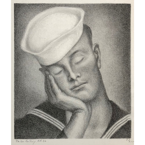 Julius Bloch Original Print - Sailor Resting, 1945 - Lithograph, Signed, Limited Edition of 30 - Portrait of a Man, US Navy - WPA Artist