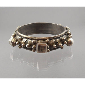 Antique Vintage Moroccan* or Middle Eastern* Bedouin Silver Bracelet - Large and Heavy Hinged Bangle with Box Closure - Etched Ornament and Bead Decorations - Old Handmade Ethnic, Tribal, Jewelry
