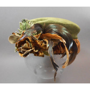 Vintage circa 1995 Cheri A. Ellis Duende Handmade Ladies Hat -  Green and Brown Velvet - Flowers, Leaves, Feathers - Made in USA, Seattle Artist