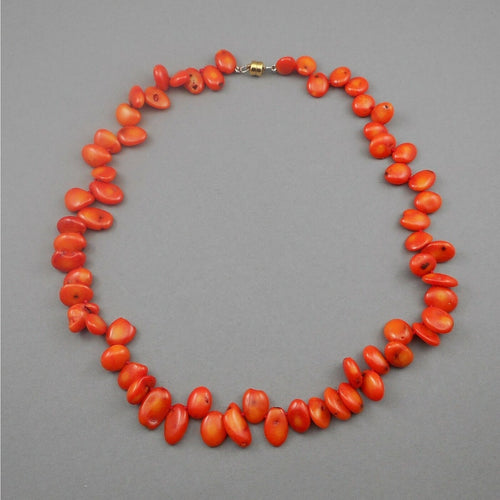 Old Vintage Bamboo Coral Necklace Hand Knotted Orange Flat Nugget Beads