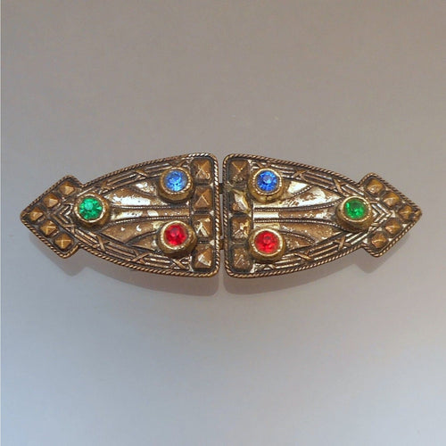 Antique or Vintage Art Deco / Nouveau Era Sash Belt Buckle Red Blue Green Multi Color Rhinestones