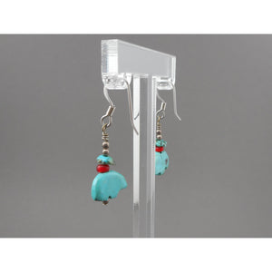 Vintage Hand Carved Turquoise Bear Fetish Dangle Earrings Southwestern USA Silver Tone Red Glass Beads